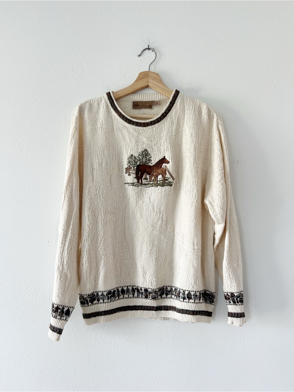 VINTAGE | Shenandoah Textured Ivory Embroidered  Knit Horse Sweater | M